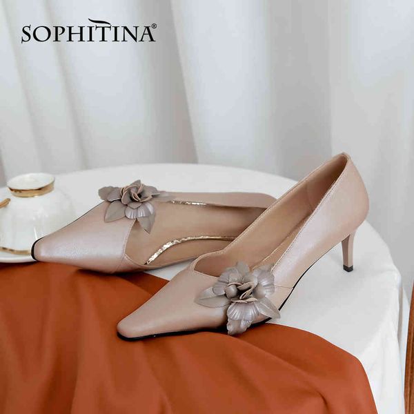 SOPHITINA Echtes Leder Pumps Frauen Spitzschuh Dünne Ferse Blumen Dekoration Champagner Elegante Schuhe Nischenpumpen PO618 210513