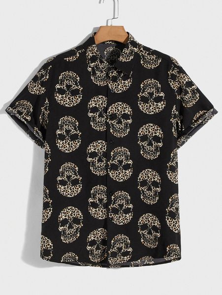 

men skeleton & leopard print roll up sleeve shirt y6vm#, White;black