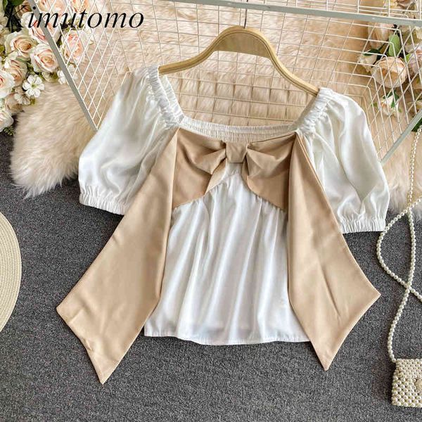 

kimutomo color contrast bow short shirt summer solid sweet square collar puff sleeve blouse women elegant casual 210521, White