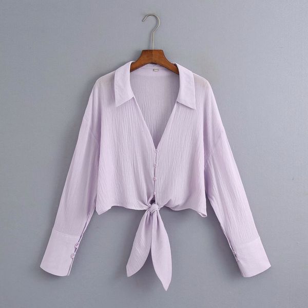 Camisa feminina blusa outono novo roxo curva colheita camisas de escritório senhoras manga longa girar colarinho chique streetwear blusa 210419