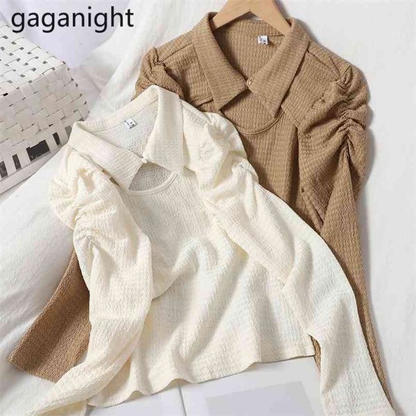 

elegant women solid blouse lady korean slim shirt long sleeve fashion blusas chic blouses ruched autumn 210601, White