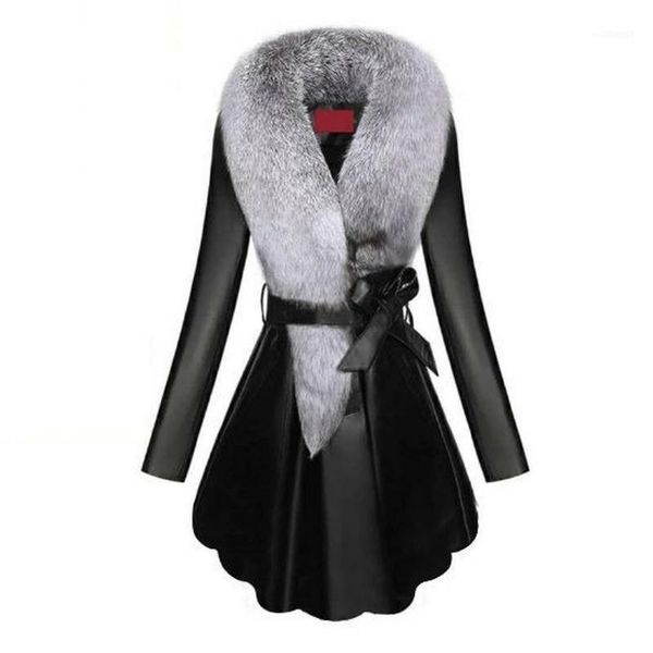 

women's fur & faux winter women coat pu leater thick fluffy collar detachable luxury jacket belt elegant mujer bontjas warm outerwear1, Black