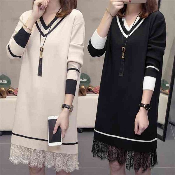 

uhytgf women long sleeve sweater dress womens lace splice hem plus size autumn winter dress women elegant knitted dresses x646, White;black