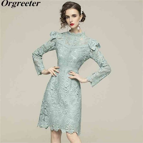 

luxury runway ruched ruffles lace dress women spring elegant hollow out crochet party work robe vestidos 210602, Black;gray