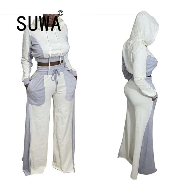 

autumn loose basic loungewear women two piece set crop wide leg pants suit casual matching sets elegant outfits 210525, White