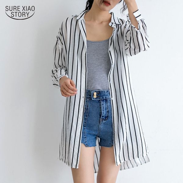 

blusas mujer arrival long sleeve white striped blouse streetwear casual cardigan turn-down collar women shirt 5254 50 210417