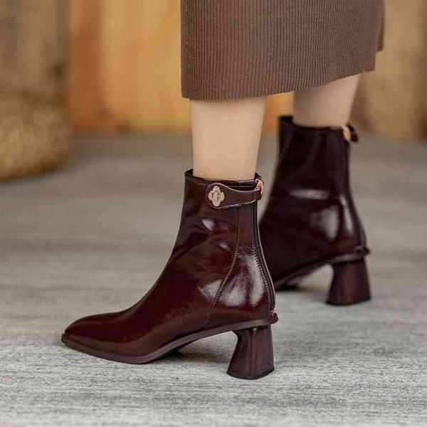 

boots british style martin boots women's autumn and winter thick heels temperament high single square head wine red short 2chu, Black