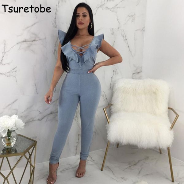 

women's jumpsuits & rompers tsuretobe blue deep v collar bandage ruffle denim jumpsuit women bodycon hollow out backless sleeveless, Black;white
