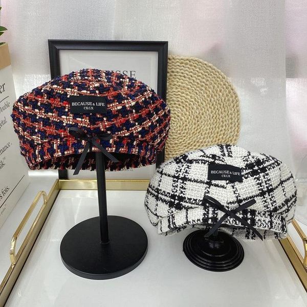 

berets women winter plaid retro style stitching soft warm hat collapsible japanese outdoor painter, Blue;gray