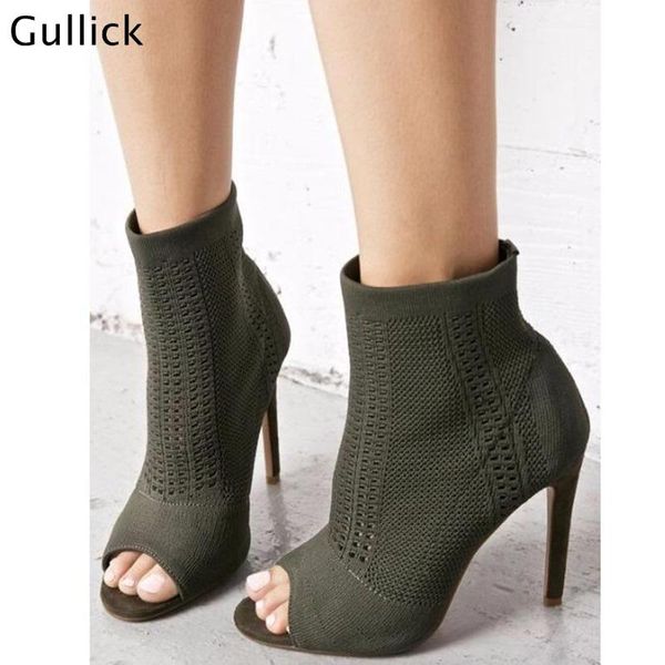 

boots 2021 fashion thin high heel brown black ankle peep toe knitted stretch rome designer booties slip on summer