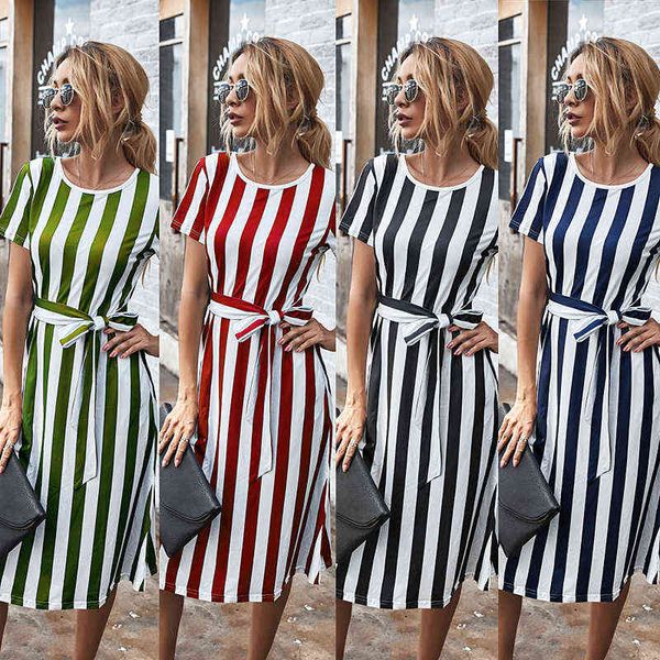 

casual dresses picture stripe dresses summer 2022 bandage short sleeve women's wear, Black;gray