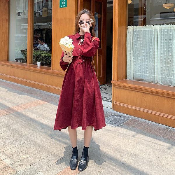 

casual dresses winter 2021 corduroy waist thin a-line dress gentle wind long skirt plus size women's ins super fire sleeve, Black;gray