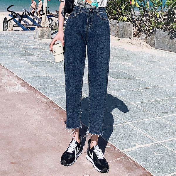 

2011skyblue mom jeans women high waist denim pants Vintage Tassel Washed Harem Pants Casual black white plus size boyfriend jean
