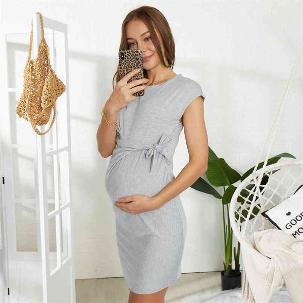 

arrivaltrendy solid knotted short-sleeve maternity dress 210528, White