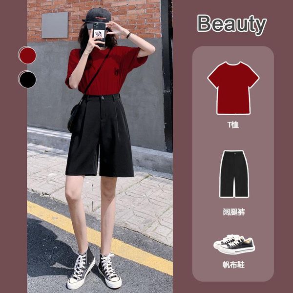 

women's shorts suit for women 2021 summer thin high waist outer wear straight loose slimming chiffon wide leg, White;black