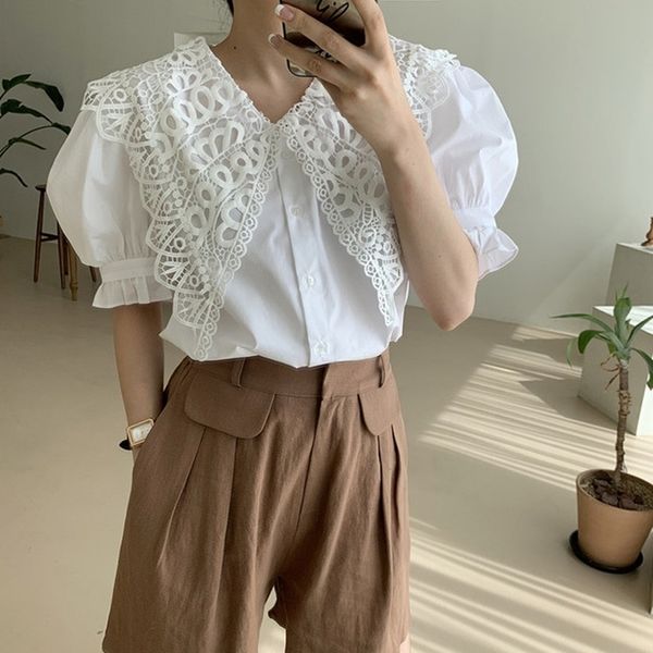 

alien kitty elegant vintage lace lapel white blouses women new summer korean style puff sleeve shirt femme blusas 210409