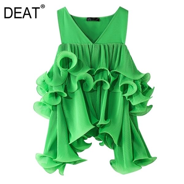 

[deat] summer fashion thin ruffles sleeveless v-neck solid color loose temperament women shirt 13q314 210527, White