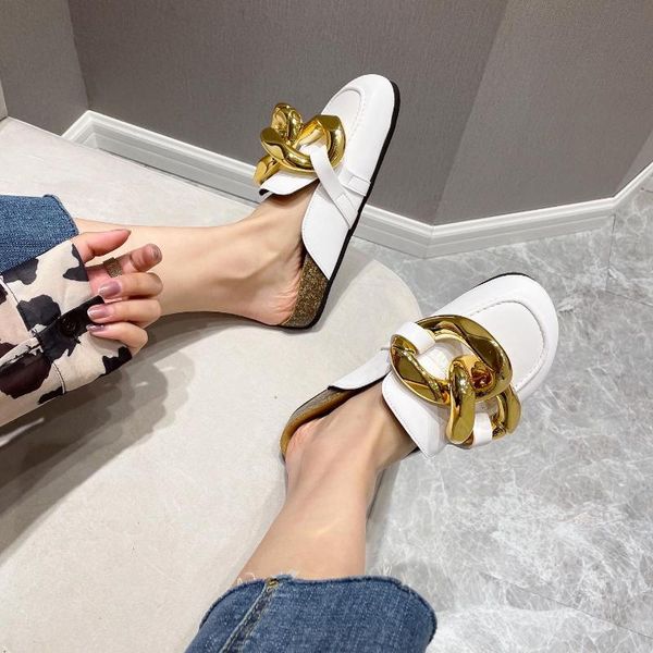 

gold chain decor round toe flat mules lazy loafers shoes women's outdoor cozy soft leather casual slippers female, Black