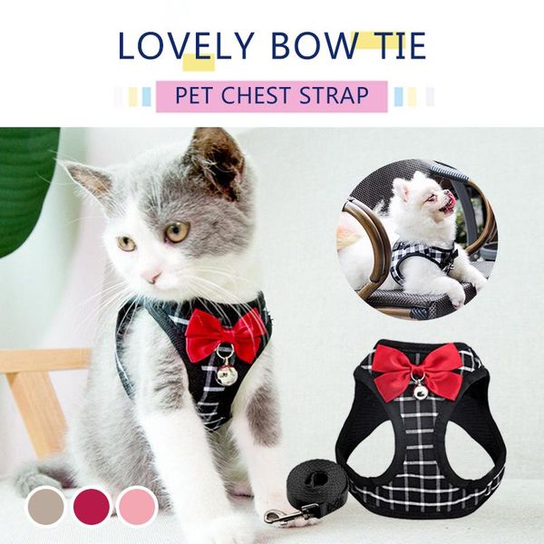 

cat collars & leads nylon mesh harness breathable adjustable harnesses leash set with bell cute bowknot for kitten puppy outdoor accessories