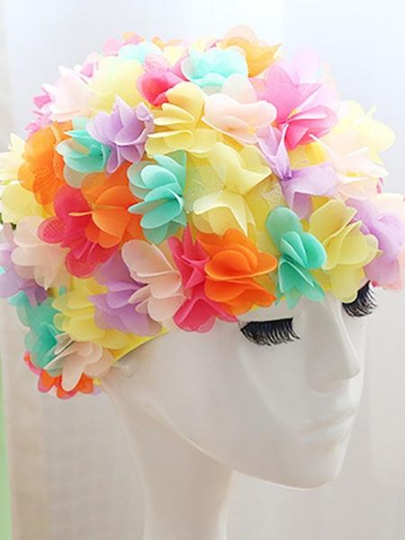 

swimming caps ladies fashion nylon headband long hair cap, three-dimensional flower petals elastic lining, comfortable and breath