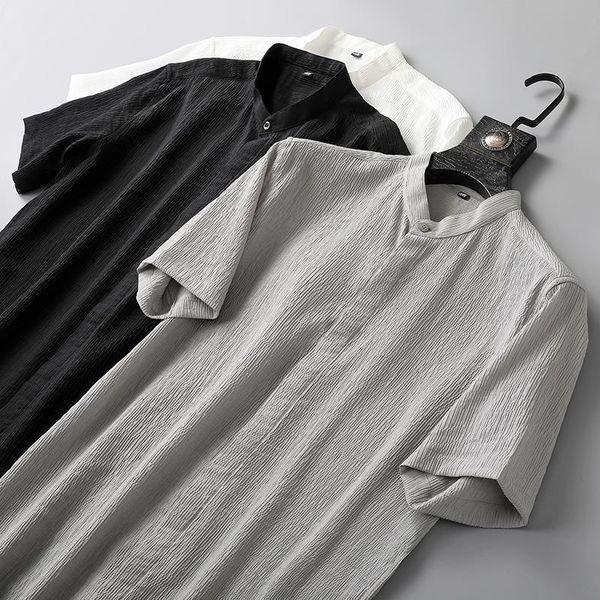 

men's casual shirts light luxury men stand collar short sleeve shirt chinese style inch ironing bubble pleated fabric, White;black