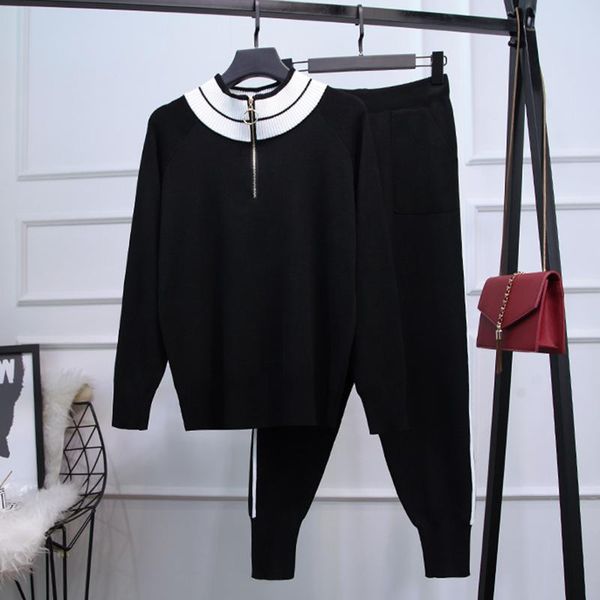 

stylish 2021 runway suit set women's color block knit sweater pants two piece, White