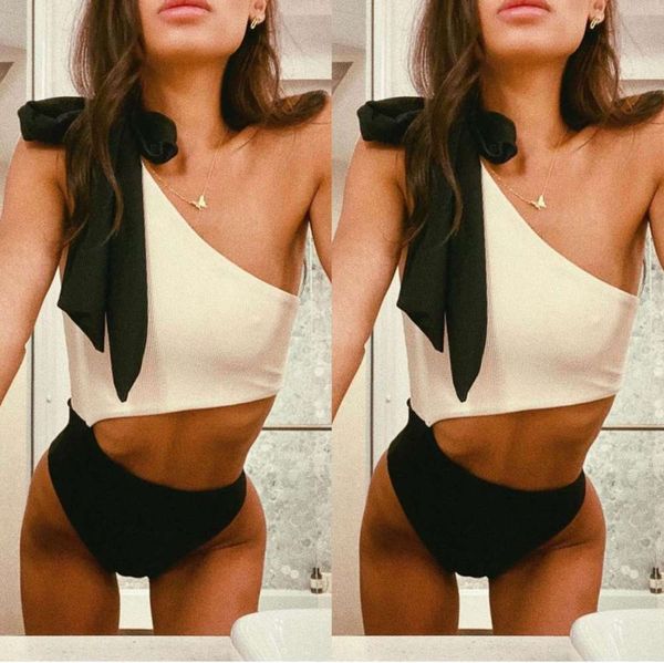 

eastman's piece bikini with two color stitching and one shoulder bow, White;black