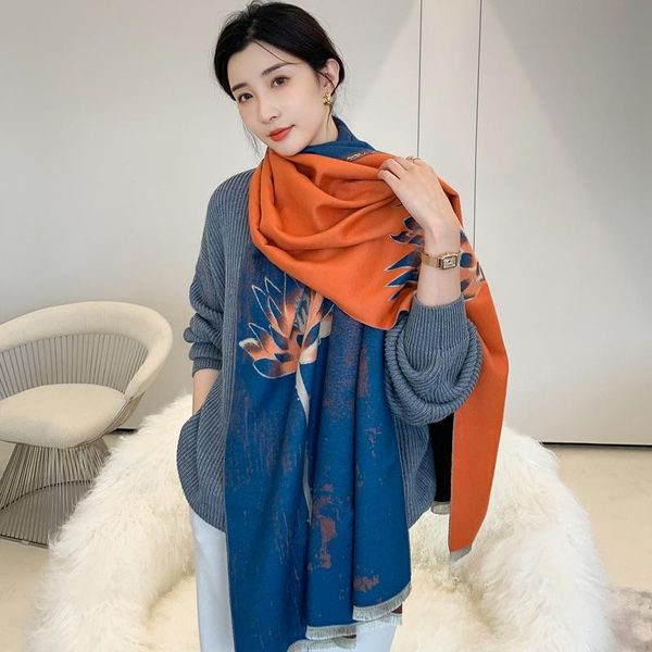

scarves luxury flower print female cashmere pashmina women fashion all-match shawl scarf double-sided thick warm wraps bufanda, Blue;gray