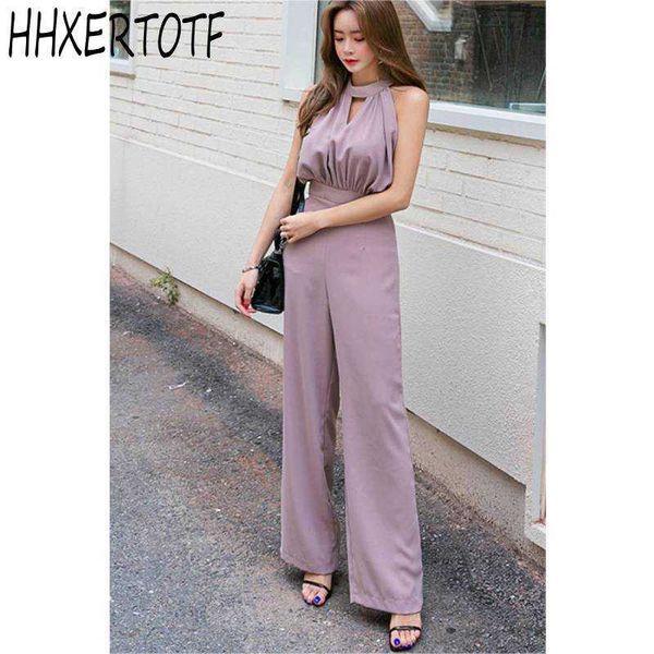 

summer trouser's casual jumpsuit sleeveless hanging neck pants wide leg 210531, Black;white