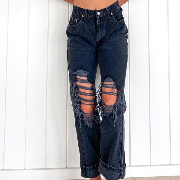 

women jeans hole ripped for baggy mom woman pants high waist 2xl women's, Blue