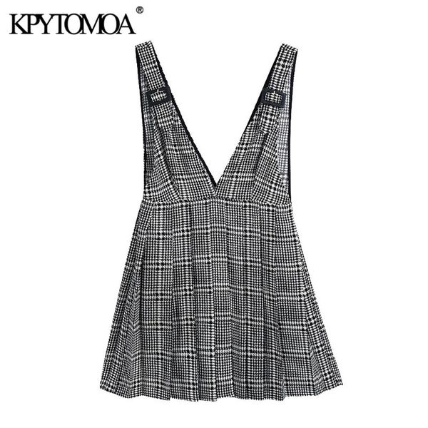 

women fashion pleated houndstooth pinafore skirt vintage v neck side zipper adjustable straps female skirts mujer 210416, Black
