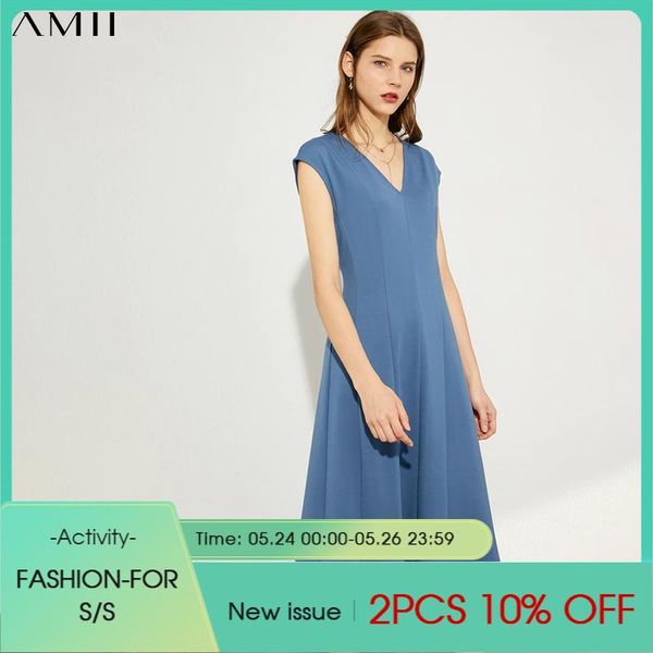 

party dresses amii minimalism spring summer dress for women offical lady solid vneck slim fit temperament women's 12070154, White;black