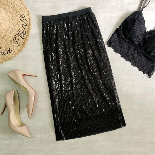 

skirts spring and summer straight skirt sequined high waist bag hip female mid-length european style sexy, Black