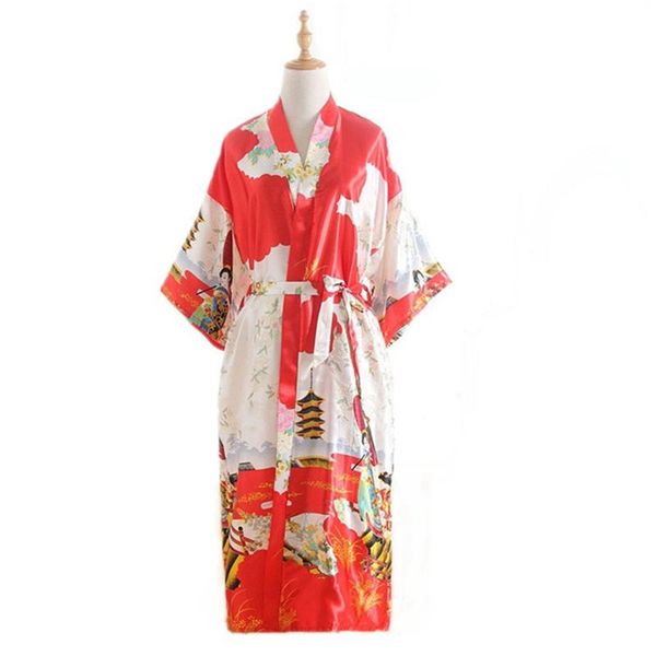 

ethnic clothing japanese kimono 2021 female nightgown summer cardigan lace-up pajamas chinese style home service long bathrobe, Red