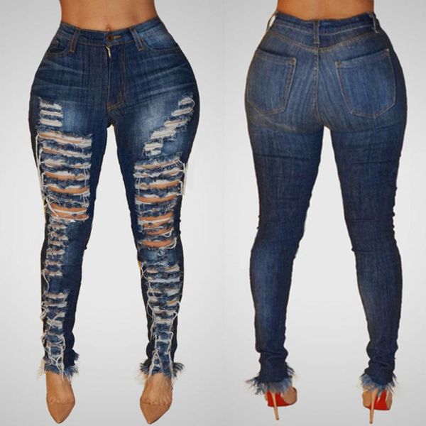 

women's jeans women destroyed ripped denim skinny hole pants high waist stretch calf length slim pencil trousers, Blue