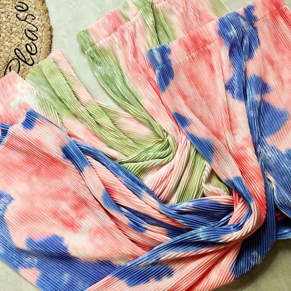 

women's pants & capris women summer wide leg high waist tie dye peach pink color pleated long elastic bend casual striaght trousers, Black;white