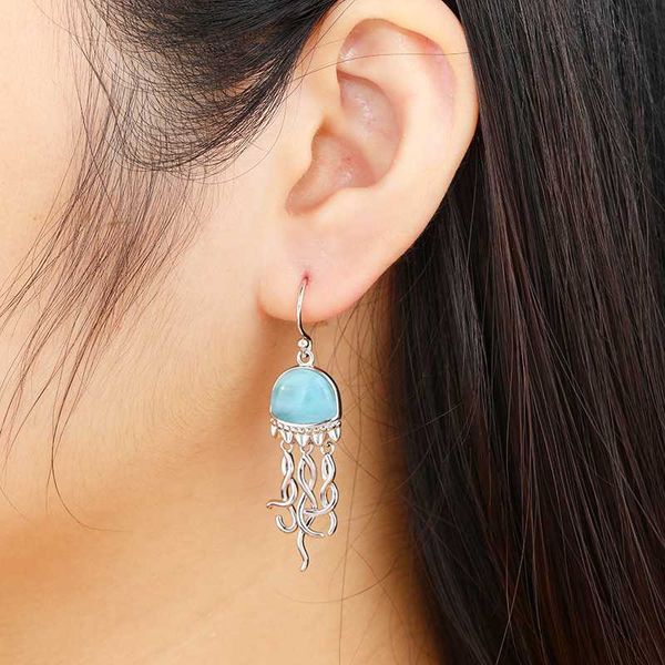 

dangle & chandelier 925 sterling silver jewelry gifts sea life jellyfish women earring natural precious larimar retro charm rhodium plated e