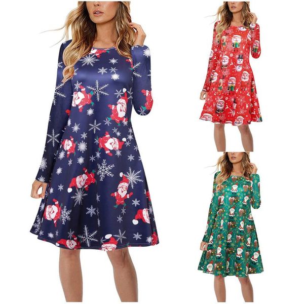 

casual dresses christmas women's long sleeve snowflake santa print holiday swing dress autumn cute tree, Black;gray