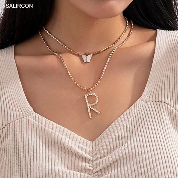 

salircon kpop crystal tennis chain butterfly letter r pendant necklace for women jewelry rhinestone neck chains choker necklaces, Silver