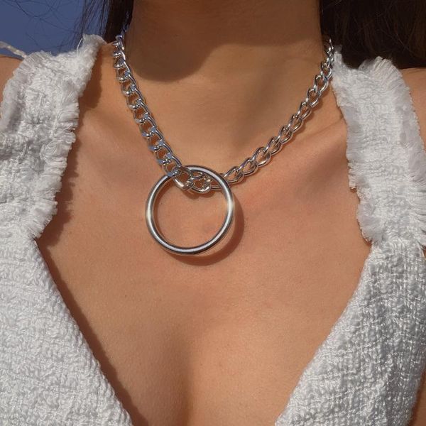 

chains geometric big round circle pendant necklace for women gothic chunky thick gold color chain jewelry gift, Silver