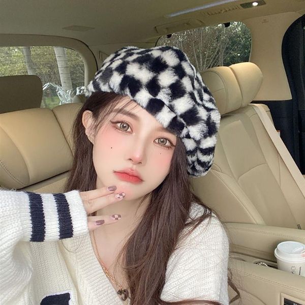 

beanies women's hat checkerboard pattern plush beret autumn and winter retro plaid faux fur cap chic accessories