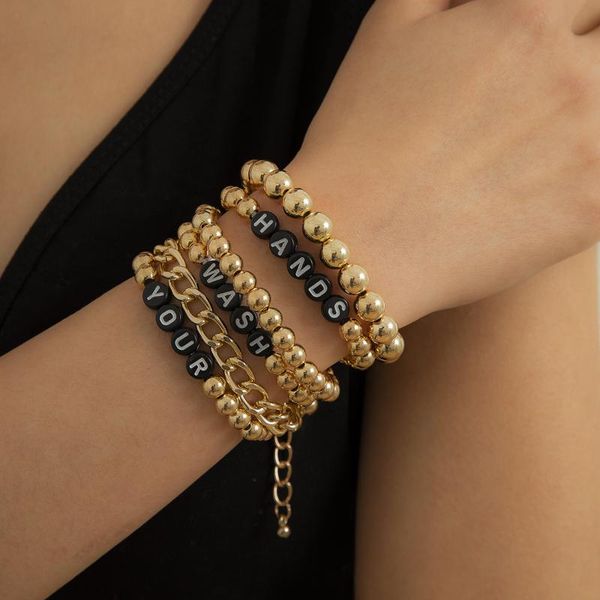 

beaded, strands multilayer 5pcs/set letter chain bracelets bangles women men gold silver color beads bracelet sets couples vintage boho jewe, Black