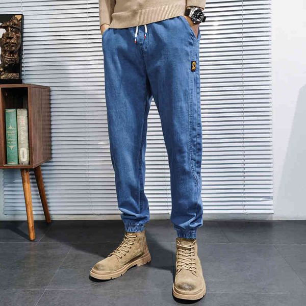 

men's jeans summer for men harem streetwear jeans denim breathable jogger pants thin black tennis shoe baggy brim fhvy, Blue