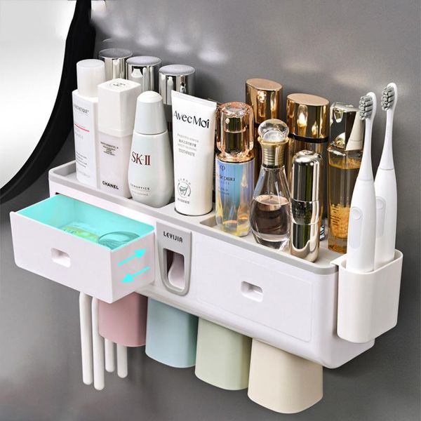 

bathroom accessories sets magnetic adsorption toothbrush holder automatic toothpaste squeezing dispenser toiletries storage rack bath access