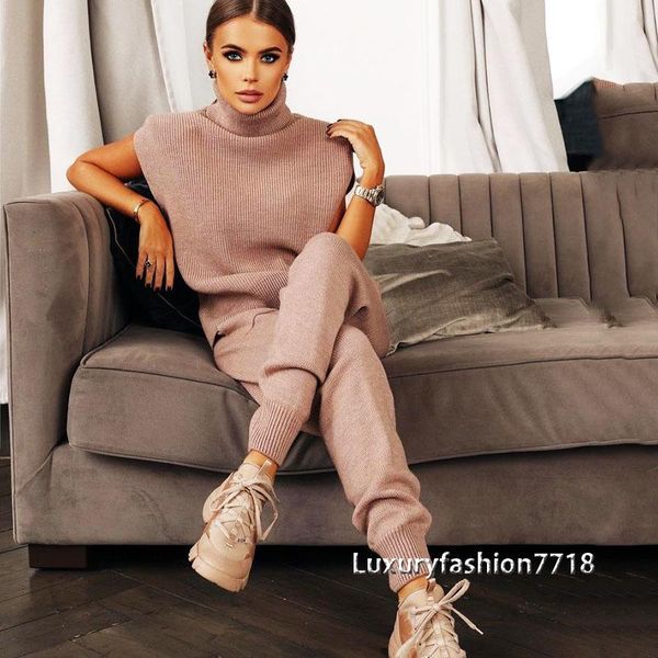 

women's two piece pants fashion wool knitted sets clothes short sleeve pullover sweater sweater+elastic high waist casual 2 set outfits, White