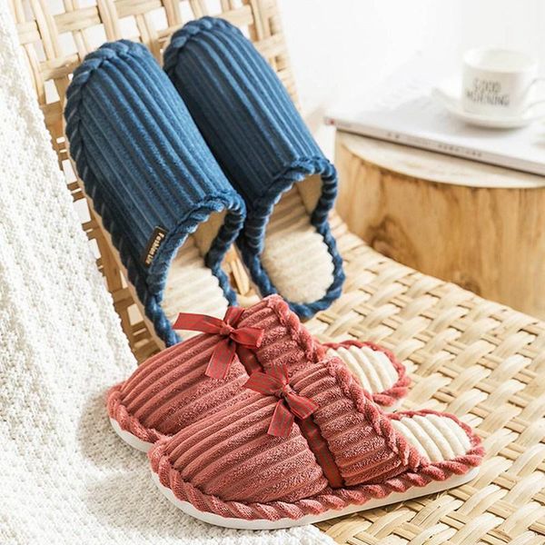 

warm winter slippers ladies butterfly knot women men striped suede soft indoor non-slip shoes for home floor, Black