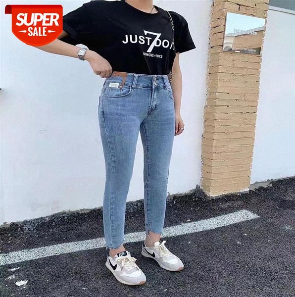 

li zhiqi model blue leather high waist slimming denim pencil pants women's raw edge tight-fitting feet 110503 #6k8c, Black;gray