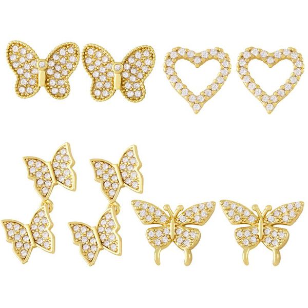 

stud fashion gold butterfly earrings fine white love heart zircon stone piercing cartilage earring for women friendship jewelry, Golden;silver