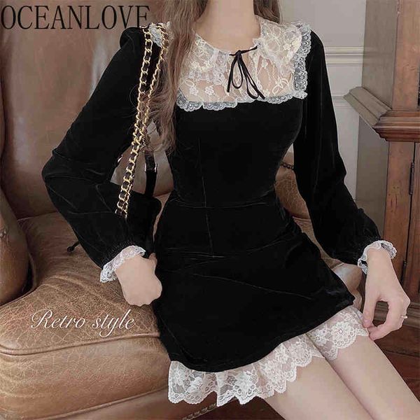 

evening party dress velvet vintage black lace patchwork robes bow spring autumn mini vestidos woman dresses 19485 210415, Black;gray