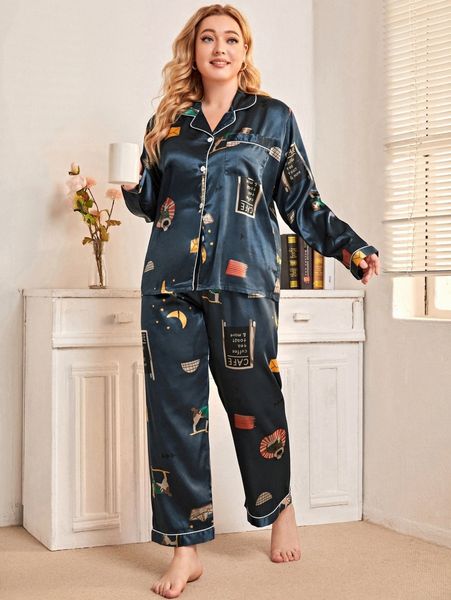 

plus dog & letter graphic pocket front satin pj set r9uk#, Black;white